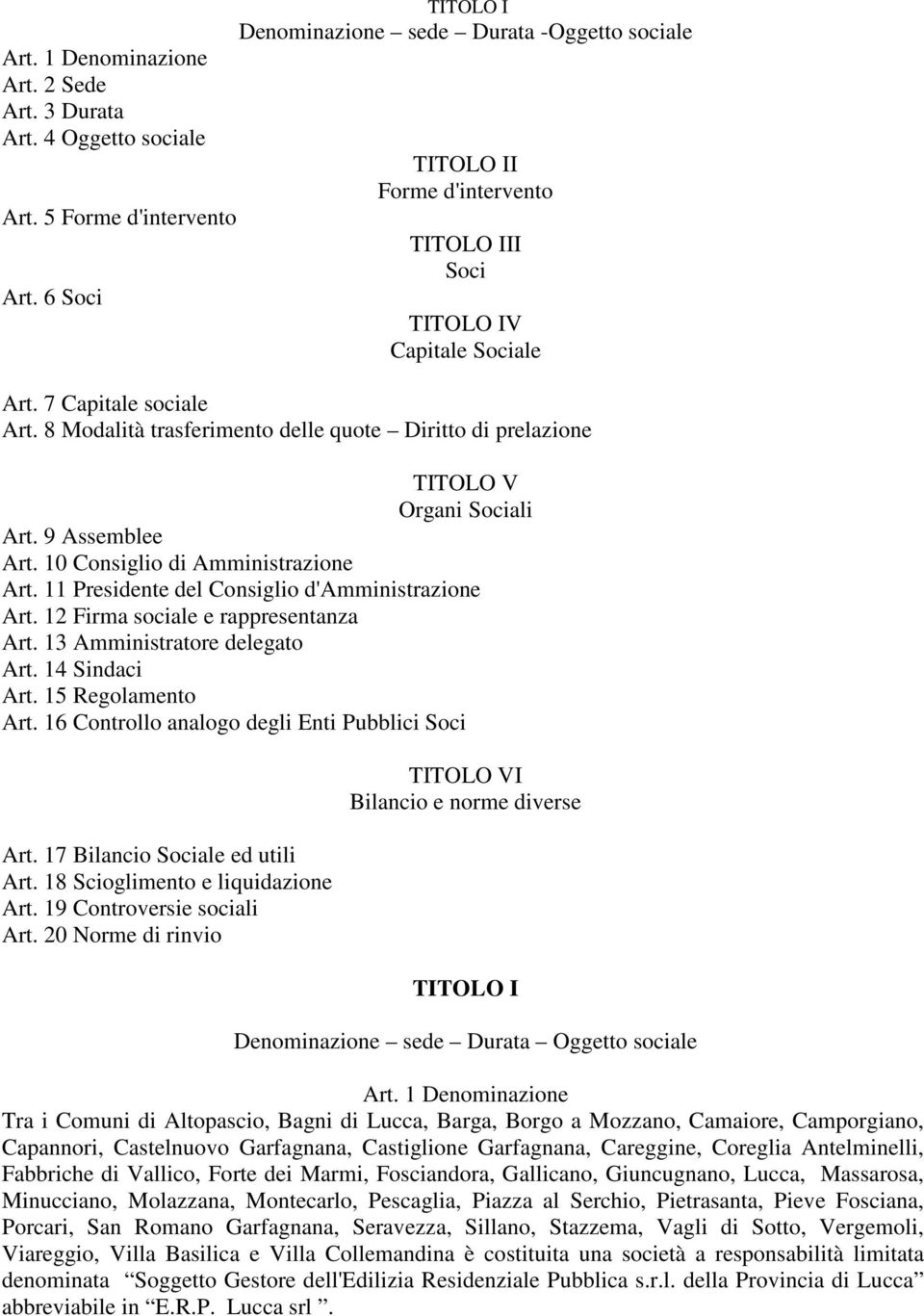 8 Modalità trasferimento delle quote Diritto di prelazione TITOLO V Organi Sociali Art. 9 Assemblee Art. 10 Consiglio di Amministrazione Art. 11 Presidente del Consiglio d'amministrazione Art.