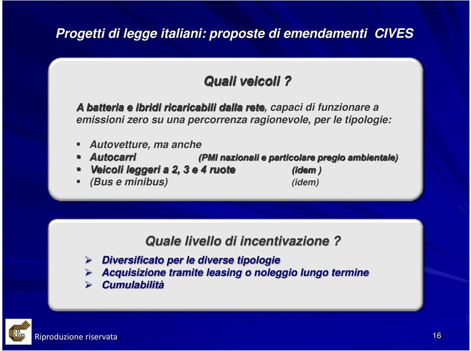 tipologie: Autovetture, ma anche Autocarri (PMI nazionali e particolare pregio ambientale) Veicoli leggeri a 2, 3 e 4