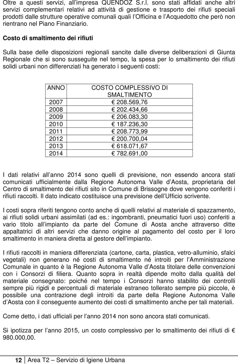 Costo di smaltimento dei rifiuti Sulla base delle disposizioni regionali sancite dalle diverse deliberazioni di Giunta Regionale che si sono susseguite nel tempo, la spesa per lo smaltimento dei