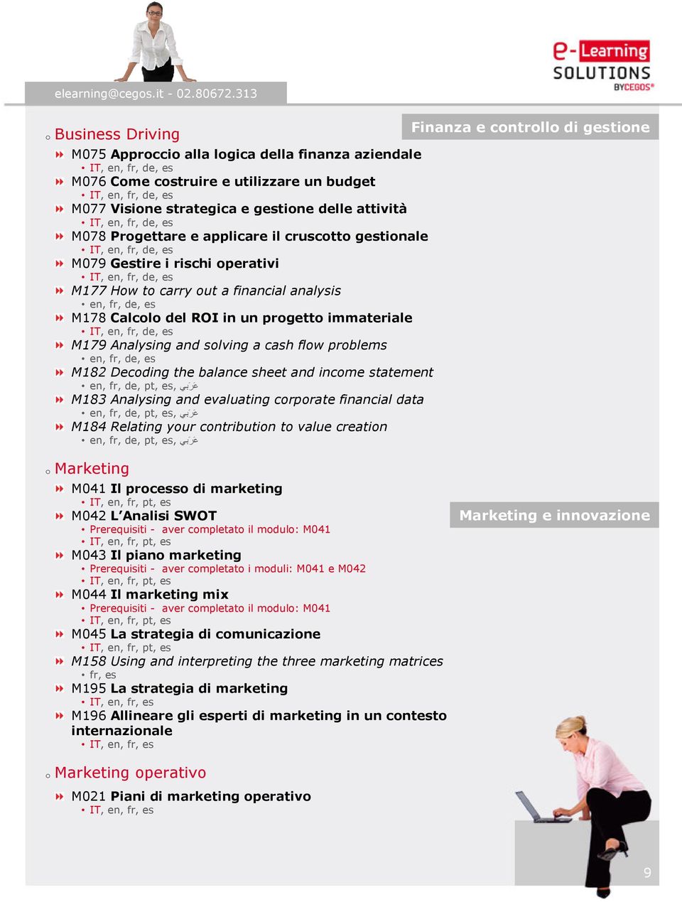 es M178 Calcolo del ROI in un progetto immateriale IT, en, fr, de, es M179 Analysing and solving a cash flow problems, de, es M182 Decoding the balance sheet and income statement ع ر بي es,, de, pt,