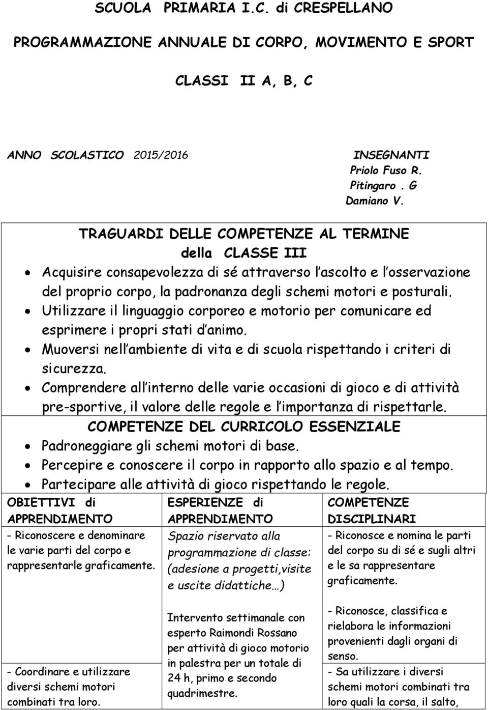 Utilizzare il linguaggio corporeo e motorio per comunicare ed esprimere i propri stati d animo. Muoversi nell ambiente di vita e di scuola rispettando i criteri di sicurezza.