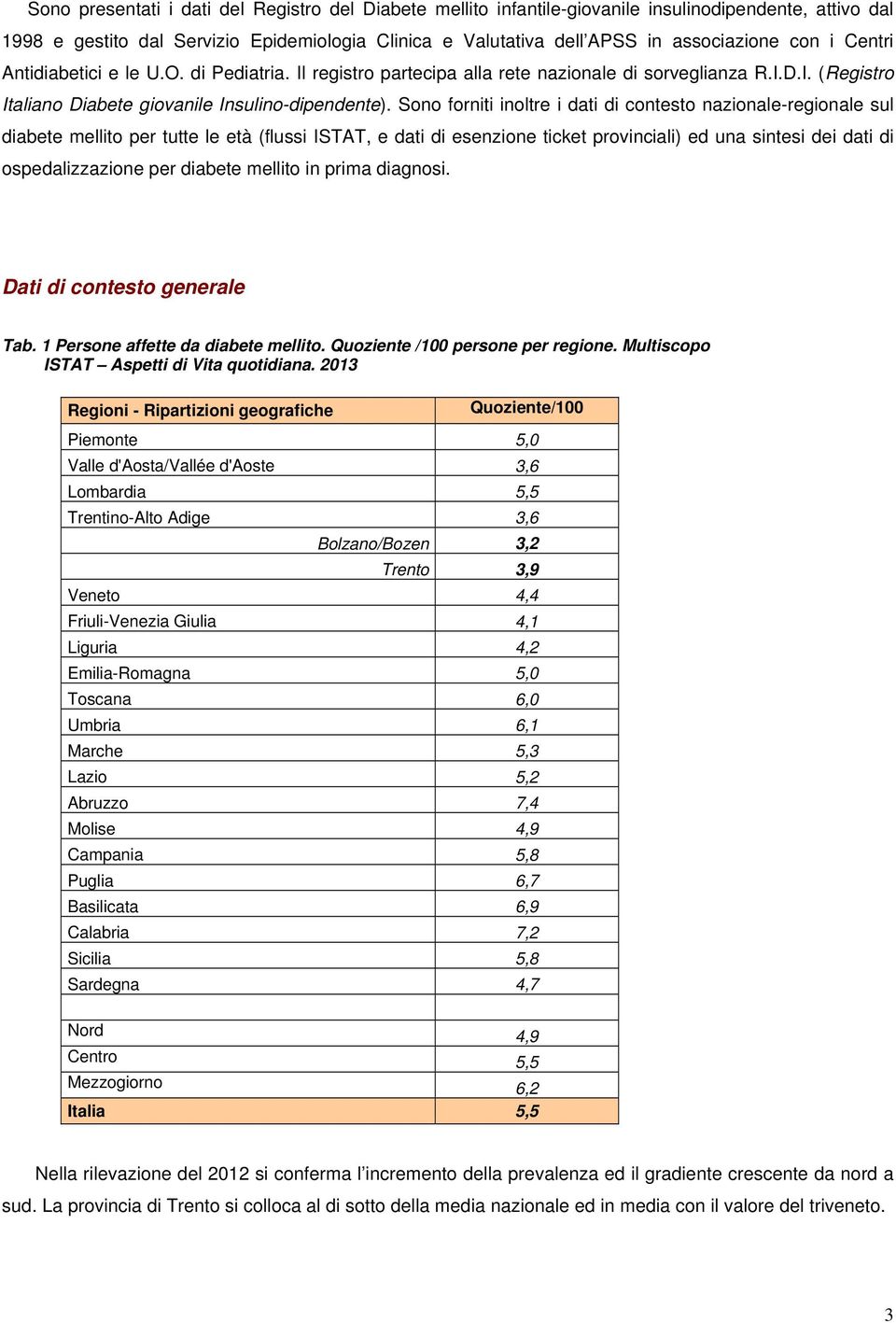 Sono forniti inoltre i dati di contesto nazionale-regionale sul diabete mellito per tutte le età (flussi ISTAT, e dati di esenzione ticket provinciali) ed una sintesi dei dati di ospedalizzazione per