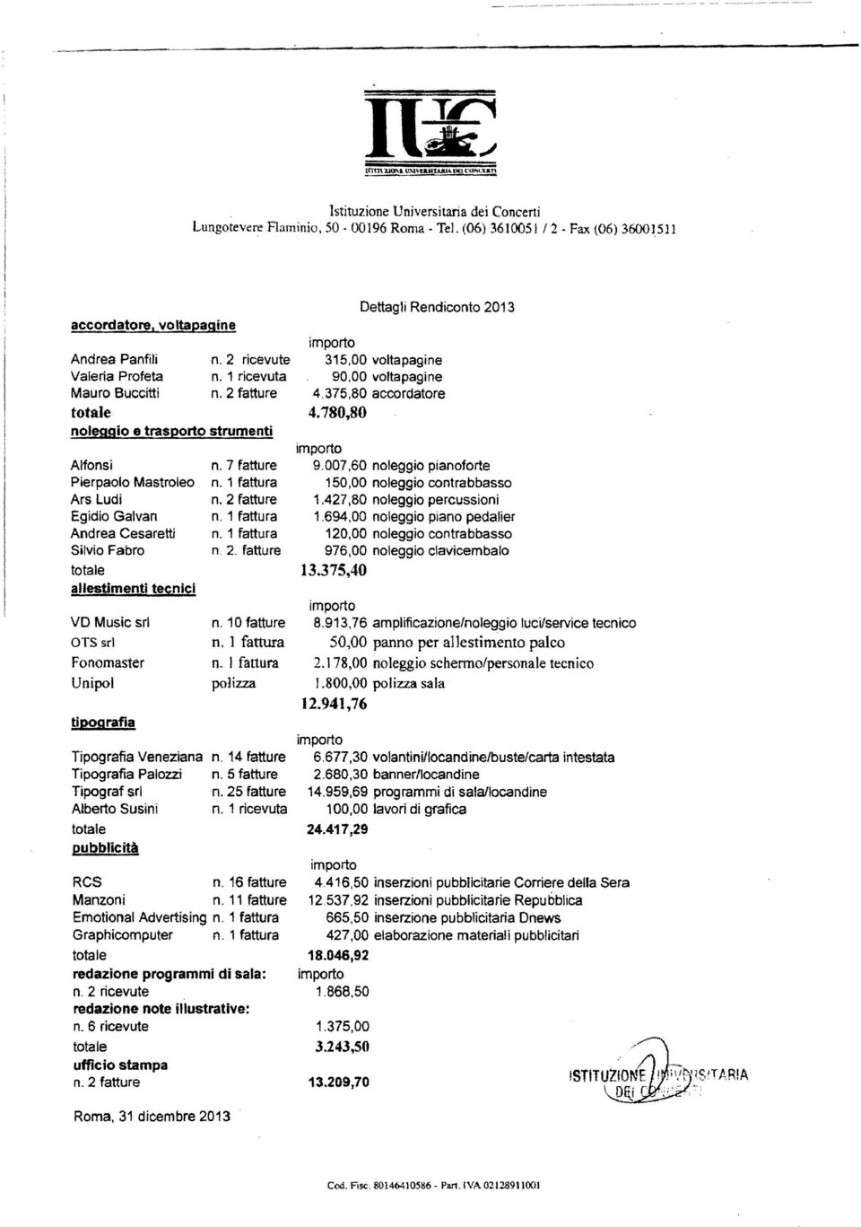 2 fatture totale noleggio e trasporto strumenti Alfonsi Pierpaolo Mastroleo Ars Ludi Egidio Galvan Andrea Cesa retti Silvio Fabro totale allestimenti teçnlçi VD Musicsrl OTS srl Fonomaster Unipol