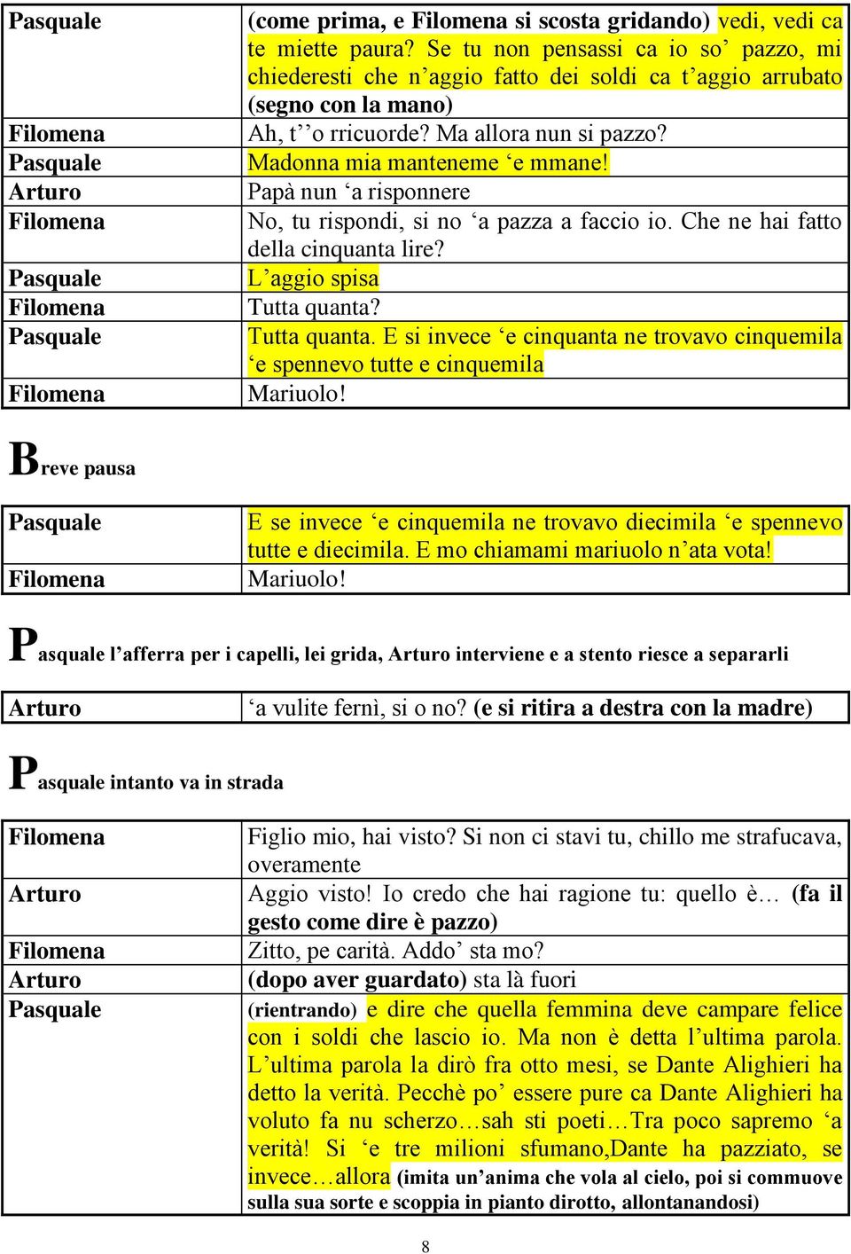 Papà nun a risponnere No, tu rispondi, si no a pazza a faccio io. Che ne hai fatto della cinquanta lire? L aggio spisa Tutta quanta?