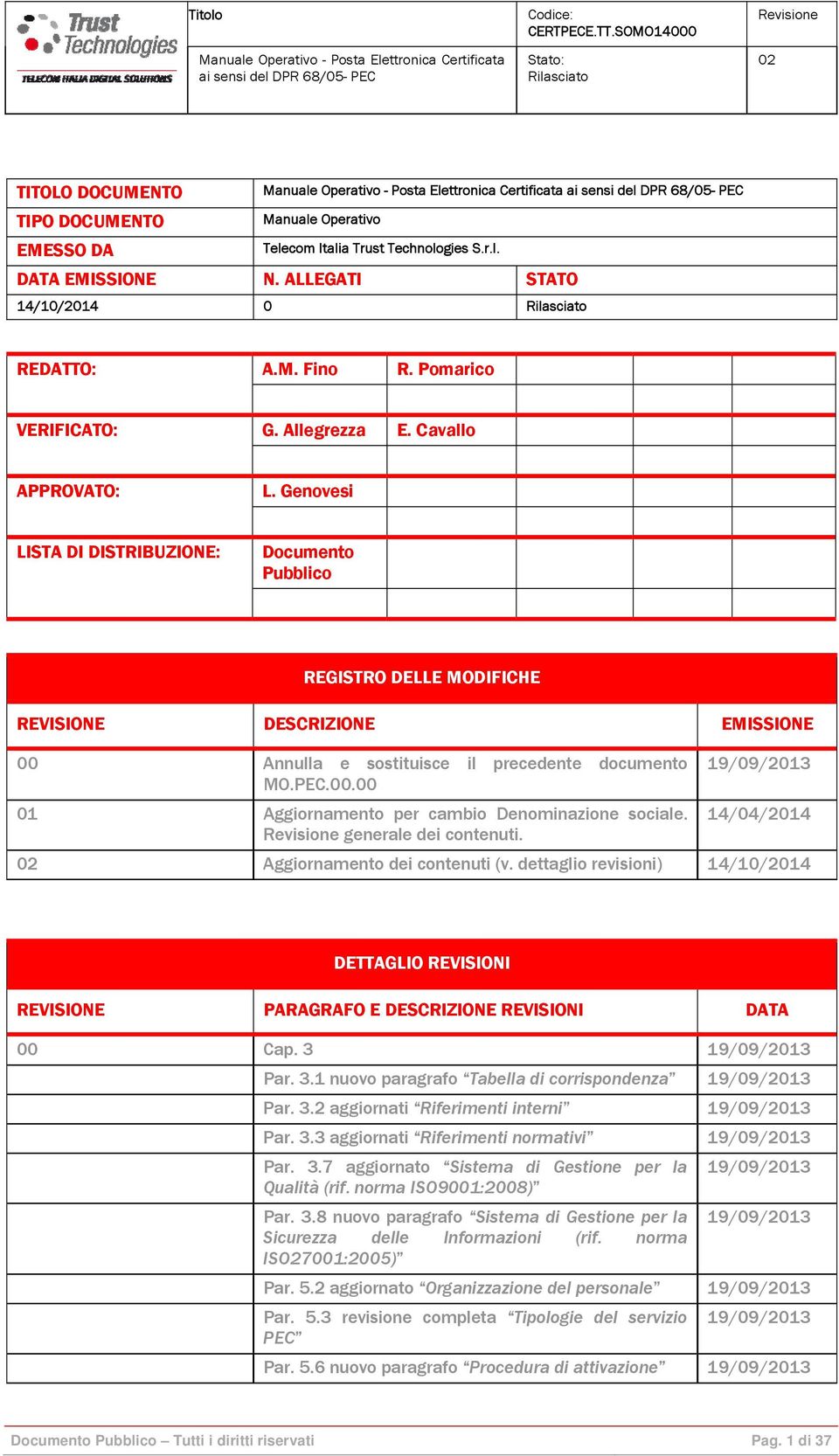 PEC.00.00 01 Aggiornamento per cambio Denominazione sociale. generale dei contenuti. 19/09/2013 14/04/2014 Aggiornamento dei contenuti (v.