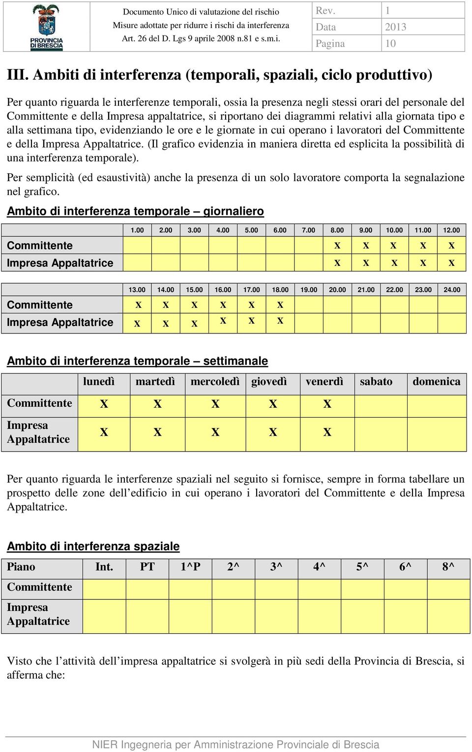 appaltatrice, si riportano dei diagrammi relativi alla giornata tipo e alla settimana tipo, evidenziando le ore e le giornate in cui operano i lavoratori del Committente e della Impresa Appaltatrice.