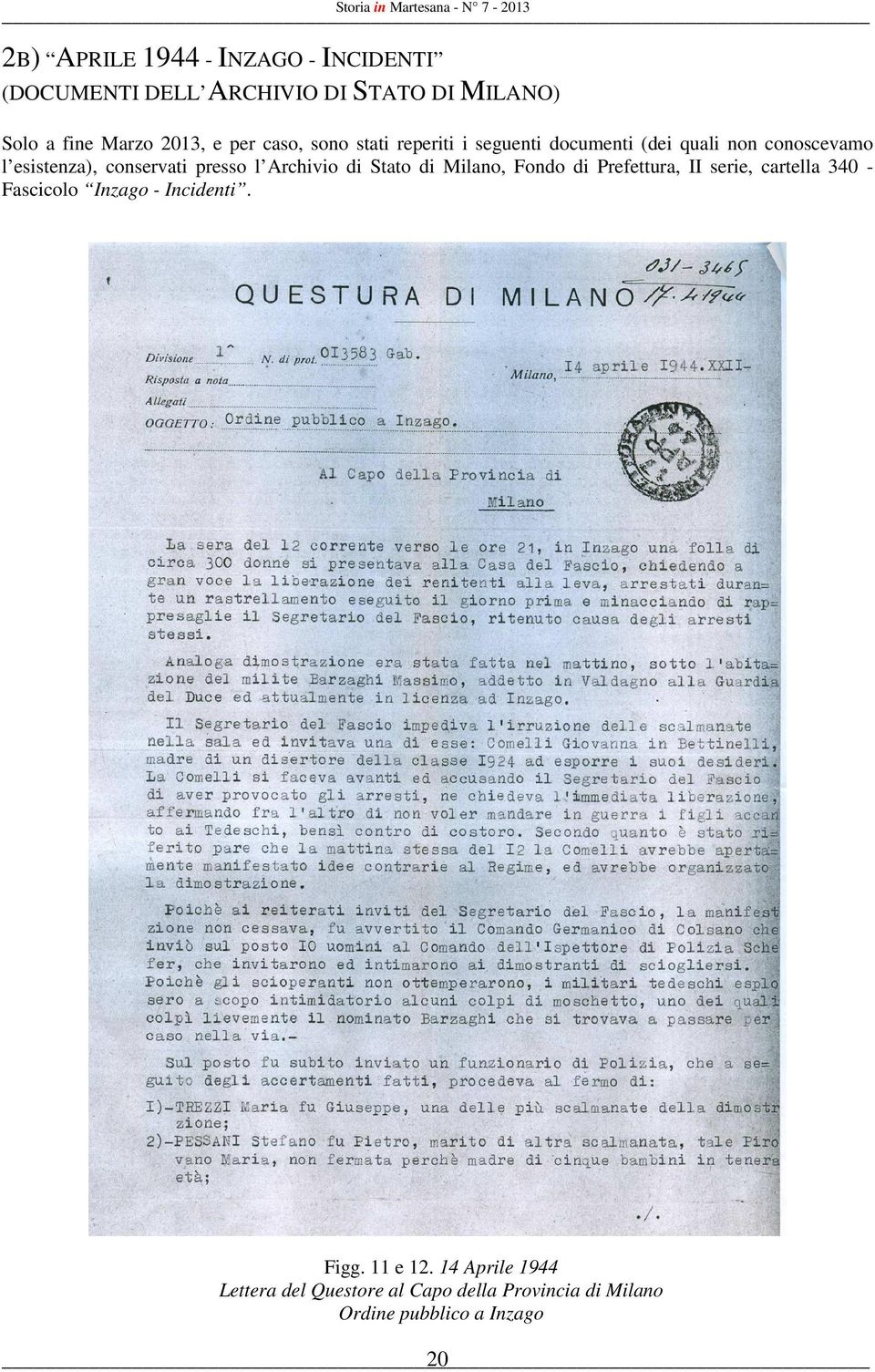 l Archivio di Stato di Milano, Fondo di Prefettura, II serie, cartella 340 - Fascicolo Inzago - Incidenti.