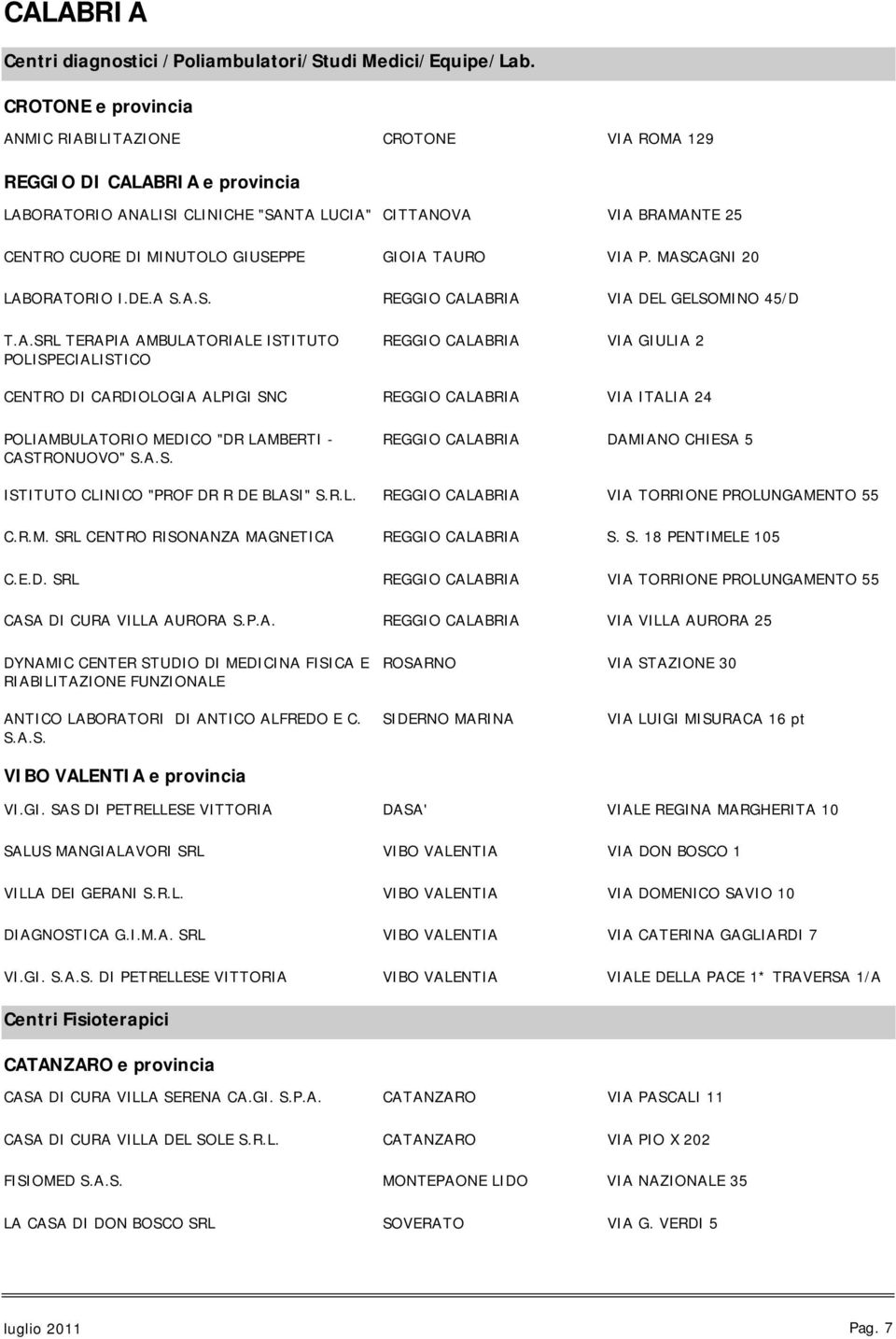 TAURO VIA P. MASCAGNI 20 LABORATORIO I.DE.A S.A.S. REGGIO CALABRIA VIA DEL GELSOMINO 45/D T.A.SRL TERAPIA AMBULATORIALE ISTITUTO POLISPECIALISTICO REGGIO CALABRIA VIA GIULIA 2 CENTRO DI CARDIOLOGIA