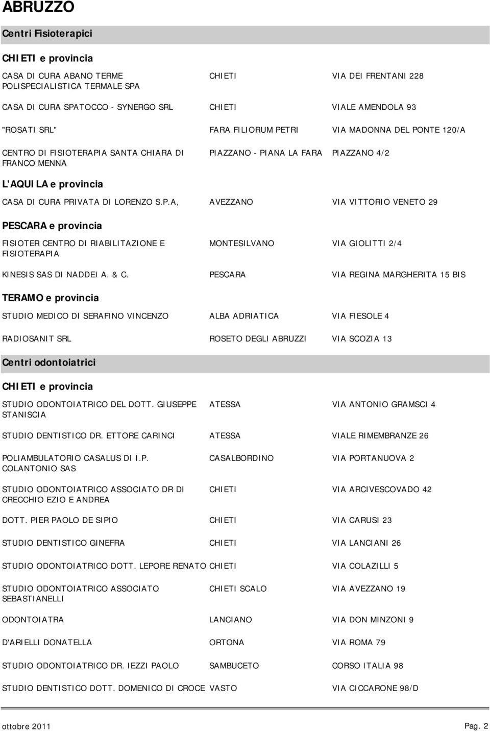 & C. TERAMO e provincia MONTESILVANO PESCARA VIA GIOLITTI 2/4 VIA REGINA MARGHERITA 15 BIS STUDIO MEDICO DI SERAFINO VINCENZO ALBA ADRIATICA VIA FIESOLE 4 RADIOSANIT SRL ROSETO DEGLI ABRUZZI VIA