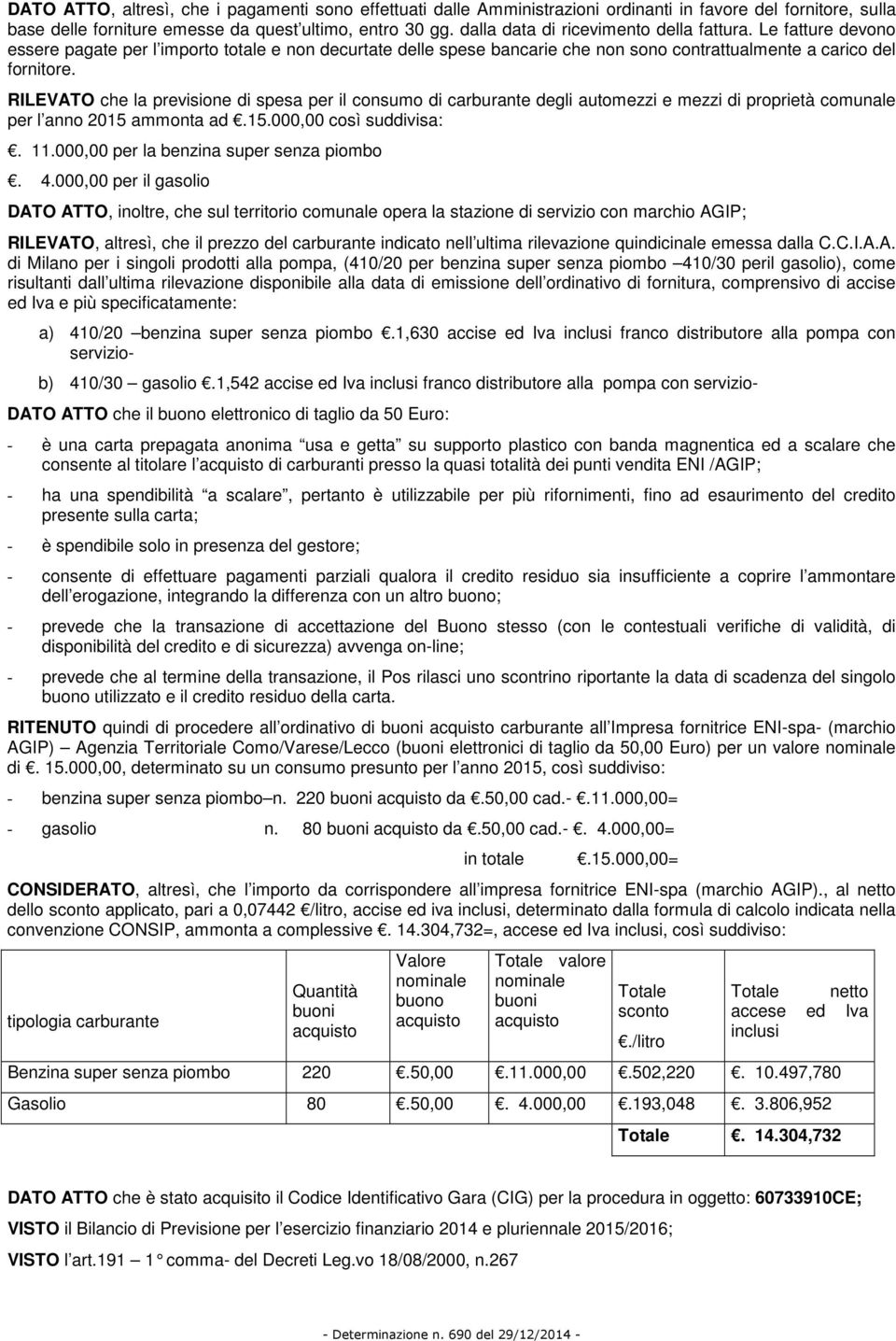 RILEVATO che la previsione di spesa per il consumo di carburante degli automezzi e mezzi di proprietà comunale per l anno 2015 ammonta ad.15.000,00 così suddivisa:. 11.