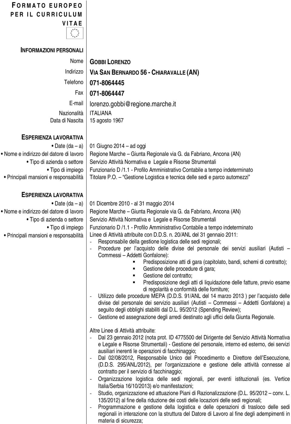 it ITALIANA 15 agosto 1967 Date (da a) Nome e indirizzo del datore di lavoro Tipo di azienda o settore Tipo di impiego Principali mansioni e responsabilità 01 Giugno 2014 ad oggi Regione Marche