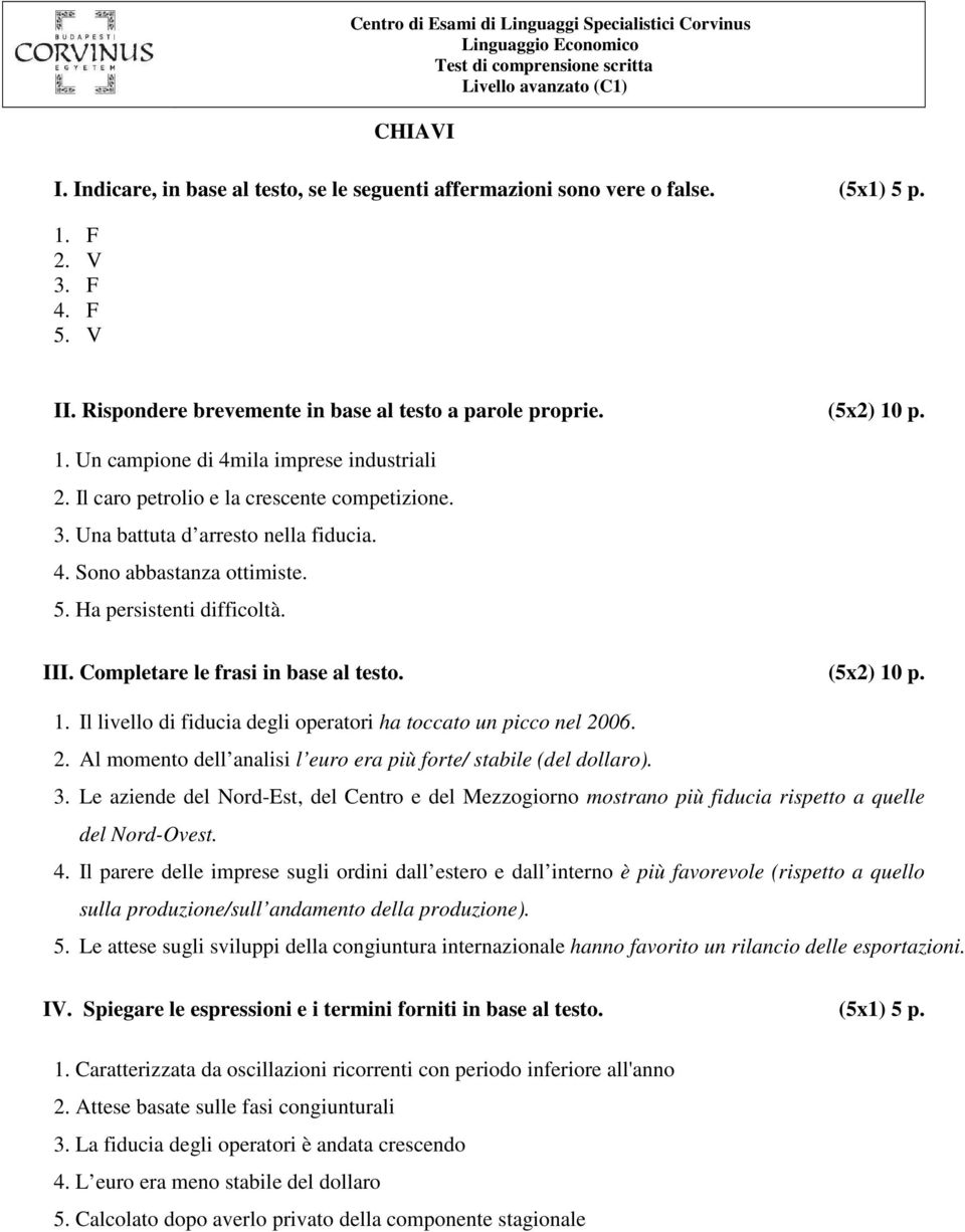 Una battuta d arresto nella fiducia. 4. Sono abbastanza ottimiste. 5. Ha persistenti difficoltà. III. Completare le frasi in base al testo. (5x2) 10