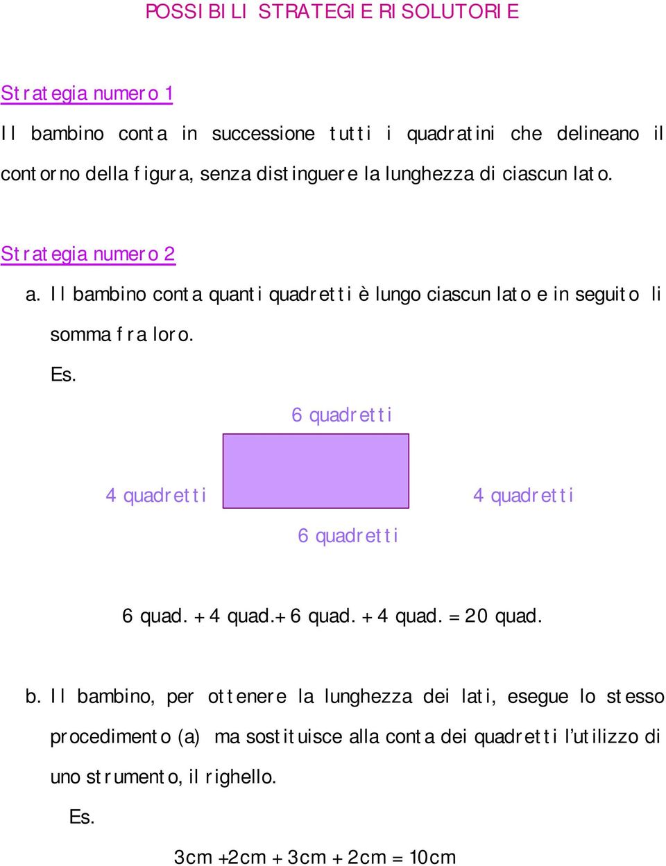 Il bambino conta quanti quadretti è lungo ciascun lato e in seguito li somma fra loro. 6 quadretti 4 quadretti 4 quadretti 6 quadretti 6 quad.