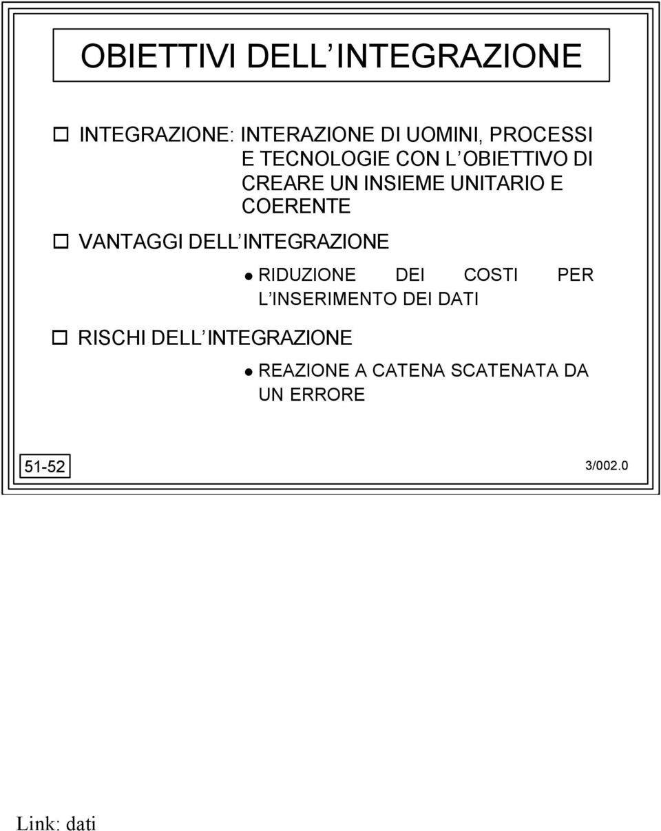 DELL INTEGRAZIONE RISCHI DELL INTEGRAZIONE RIDUZIONE DEI COSTI PER L