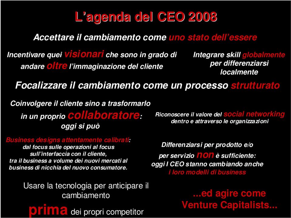 networking dentro e attraverso le organizzazioni Business designs attentamente calibrati: dal focus sulle operazioni al focus sull interfaccia con il cliente, tra il business a volume dei nuovi