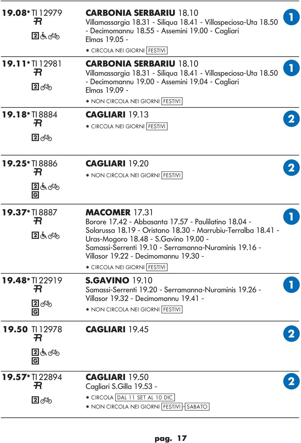 18* TI 8884 CIRI 19.13 * CIRCO NEI IORNI [festivi] 19.25* TI 8886 CIRI 19.20 * NON CIRCO NEI IORNI [festivi] 19.37* TI 8887 MCOMER 17.31 orore 17.42 - bbasanta 17.57 - Paulilatino 18.