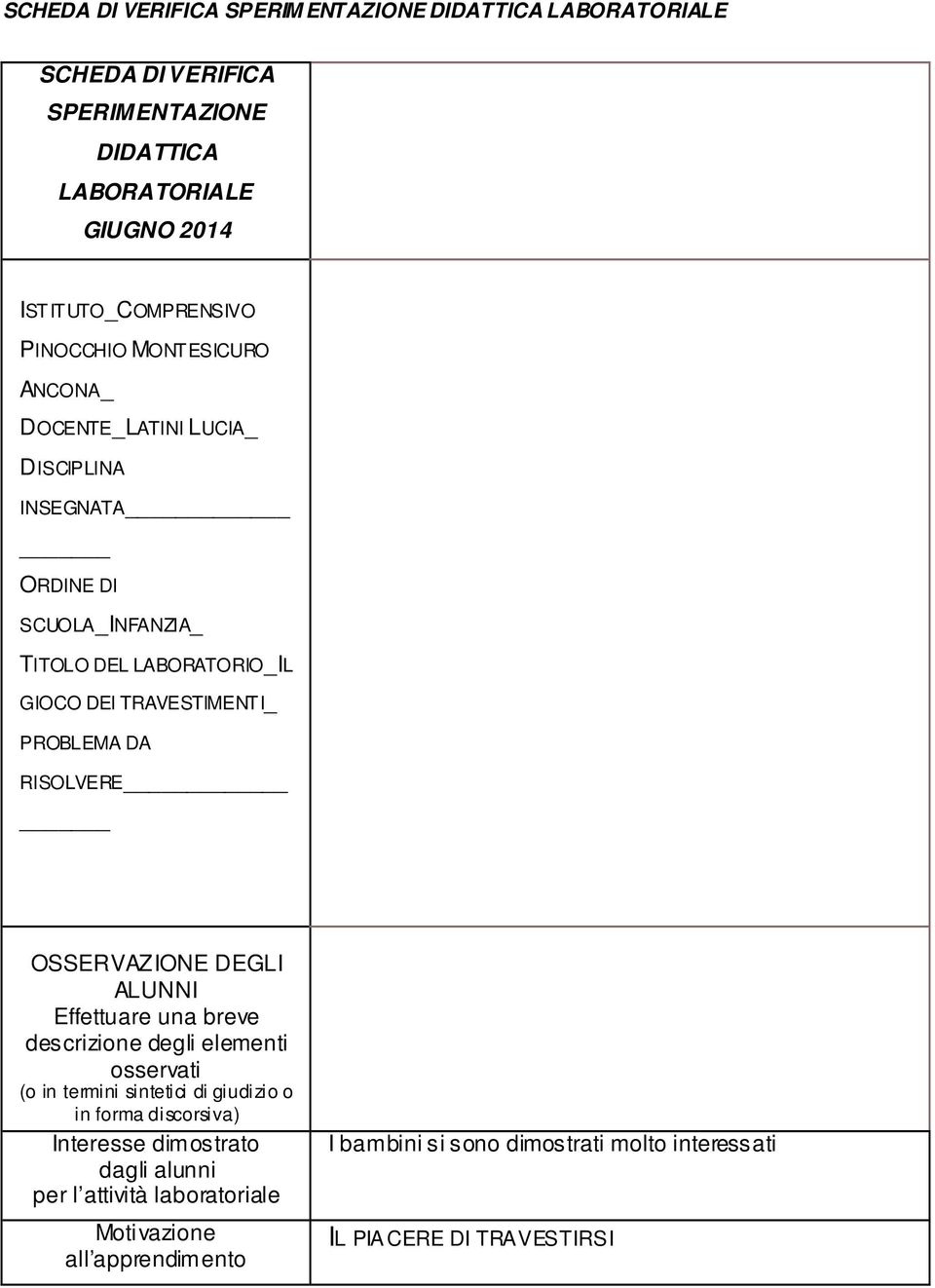 PROBLEMA DA RISOLVERE OSSERVAZIONE DEGLI ALUNNI Effettuare una breve descrizione degli elementi osservati (o in termini sintetici di giudizio o in forma