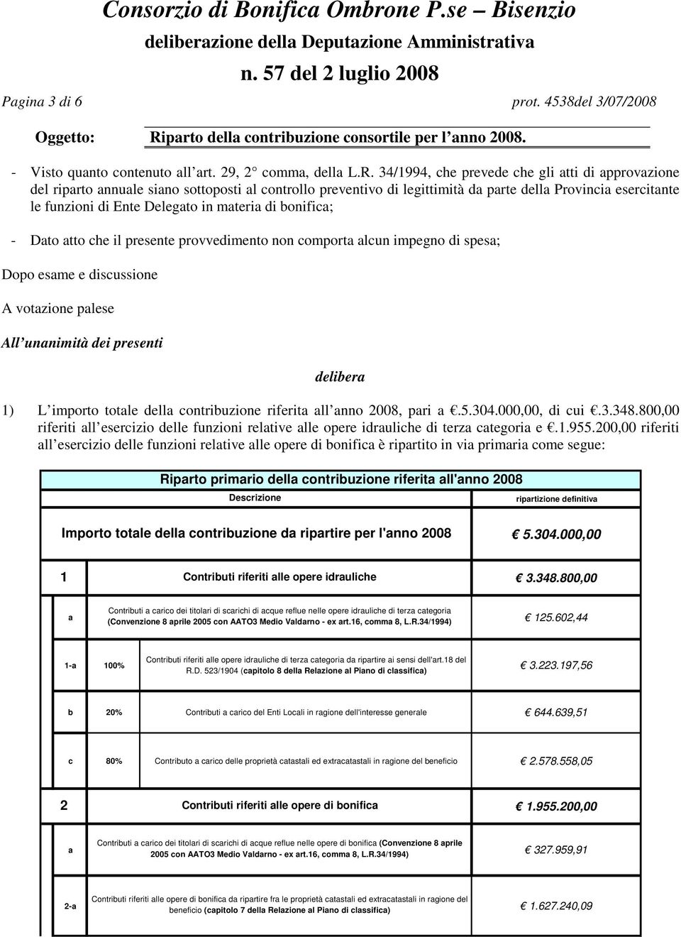 materia di bonifica; - Dato atto che il presente provvedimento non comporta alcun impegno di spesa; Dopo esame e discussione A votazione palese All unanimità dei presenti delibera 1) L importo totale