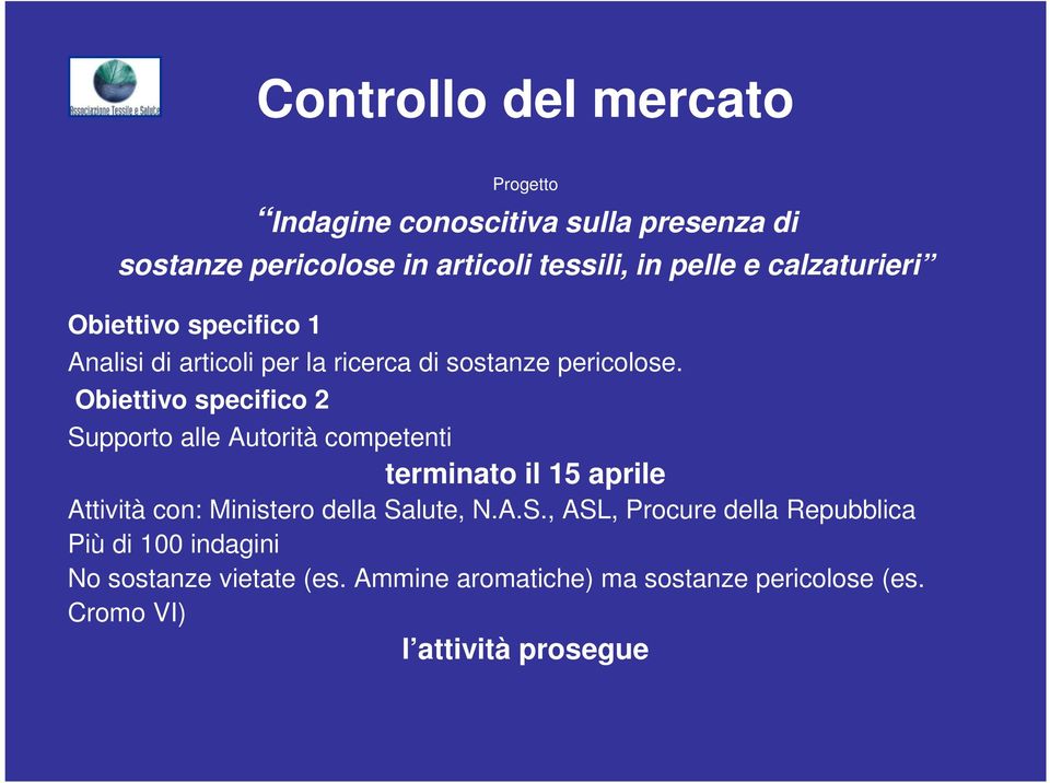 Obiettivo specifico 2 Supporto alle Autorità competenti terminato il 15 aprile Attività con: Ministero della Salute, N.A.S., ASL, Procure della Repubblica Più di 100 indagini No sostanze vietate (es.