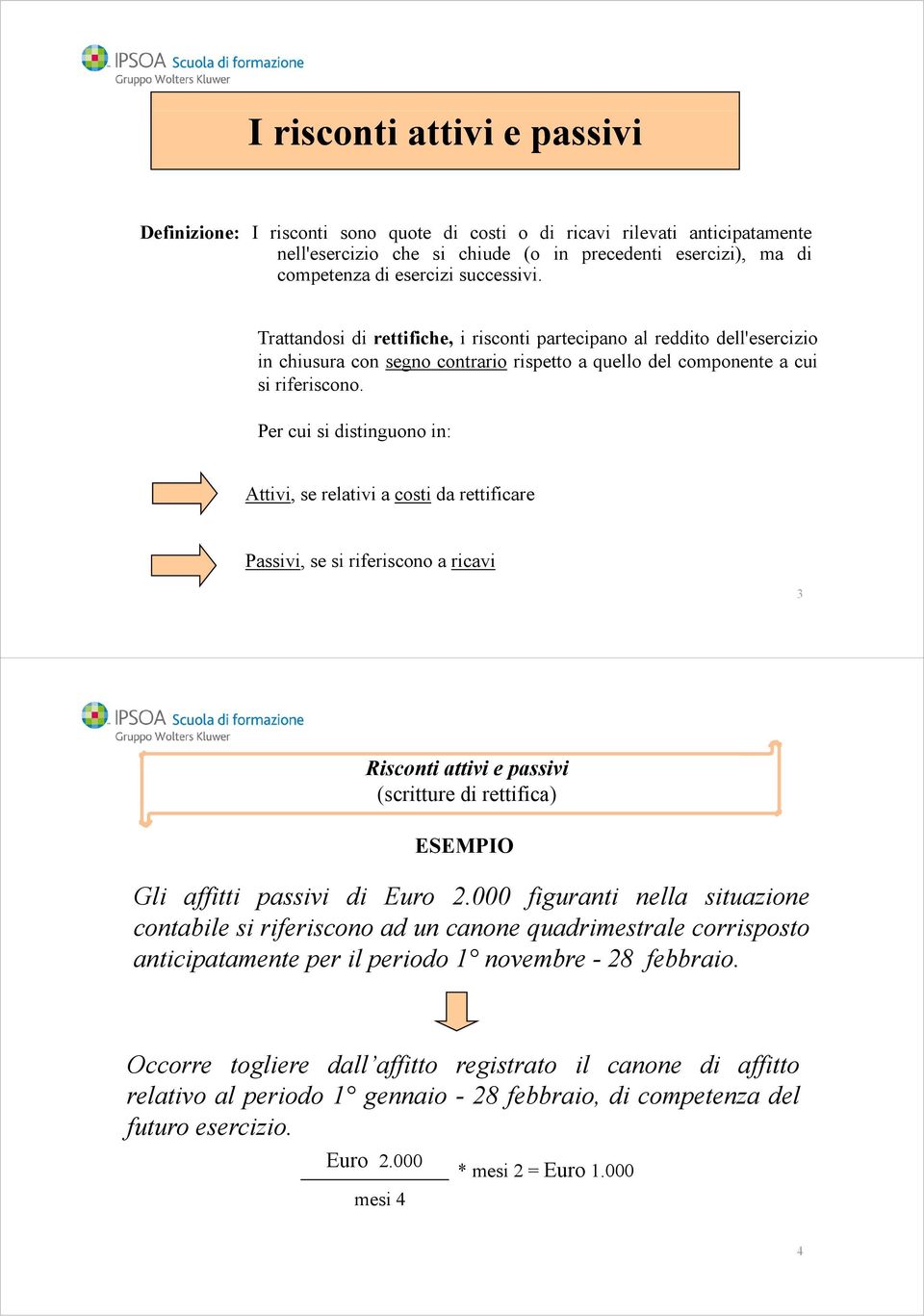 Per cui si distinguono in: Attivi, se relativi a costi da rettificare Passivi, se si riferiscono a ricavi 3 Risconti attivi e passivi Gli affitti passivi di Euro 2.