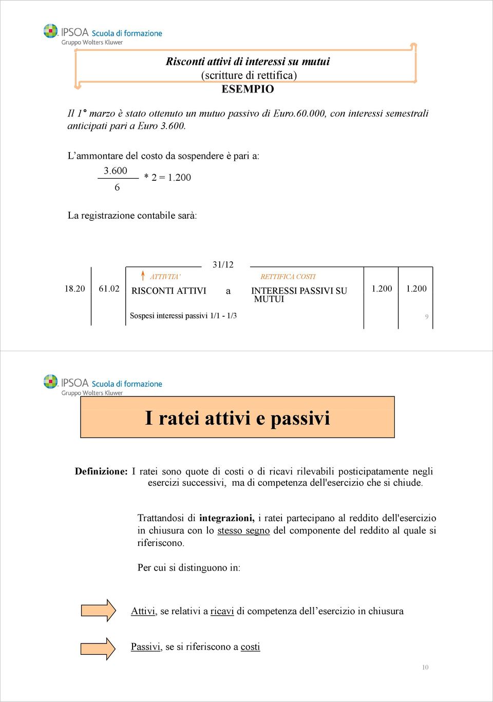 200 MUTUI Sospesi interessi passivi 1/1-1/3 9 I ratei attivi e passivi Definizione: I ratei sono quote di costi o di ricavi rilevabili posticipatamente negli esercizi successivi, ma di competenza