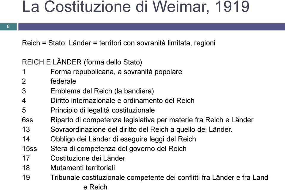 legislativa per materie fra Reich e Länder 13 Sovraordinazione del diritto del Reich a quello dei Länder.