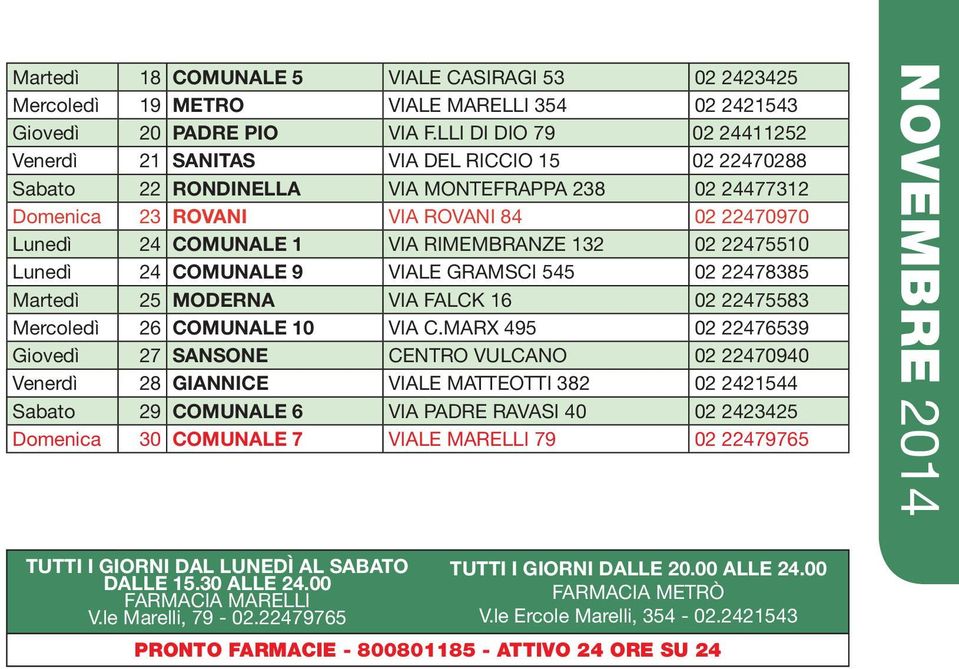 RIMEMBRANZE 132 02 22475510 Lunedì 24 COMUNALE 9 VIALE GRAMSCI 545 02 22478385 Martedì 25 MODERNA VIA FALCK 16 02 22475583 Mercoledì 26 COMUNALE 10 VIA C.