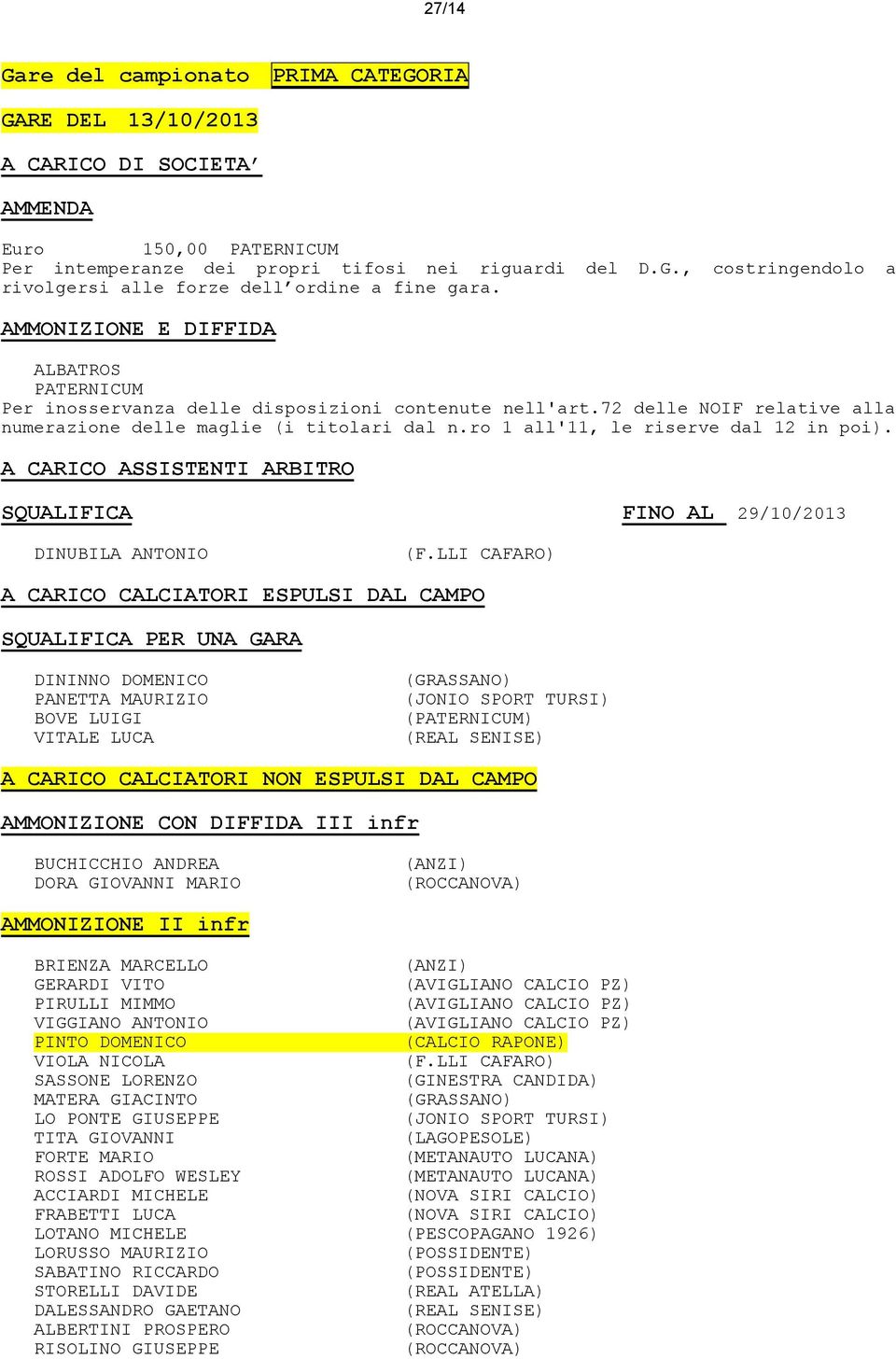 ro 1 all'11, le riserve dal 12 in poi). A CARICO ASSISTENTI ARBITRO SQUALIFICA FINO AL 29/10/2013 DINUBILA ANTONIO (F.