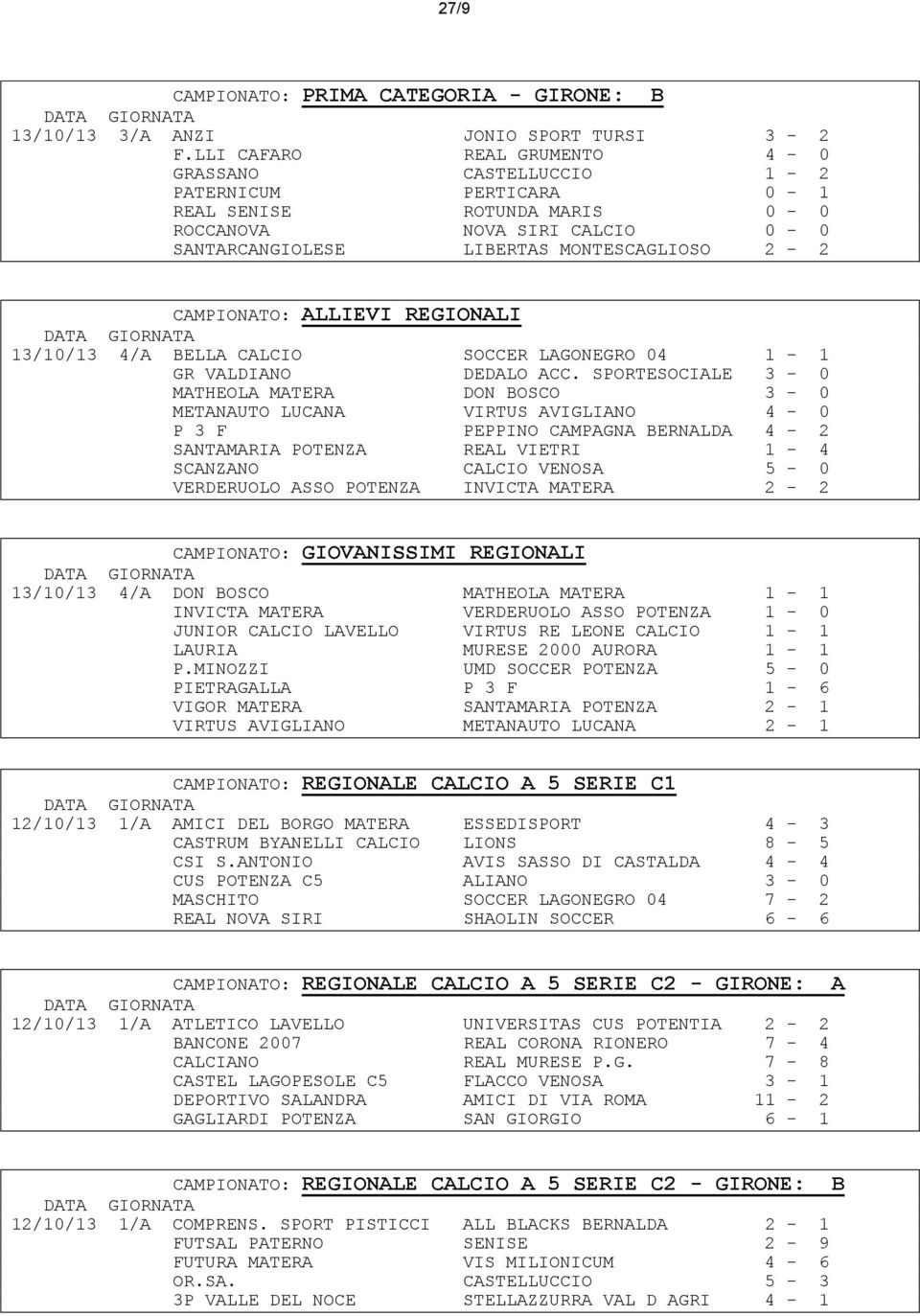 ALLIEVI REGIONALI DATA GIORNATA 13/10/13 4/A BELLA CALCIO SOCCER LAGONEGRO 04 1-1 GR VALDIANO DEDALO ACC.