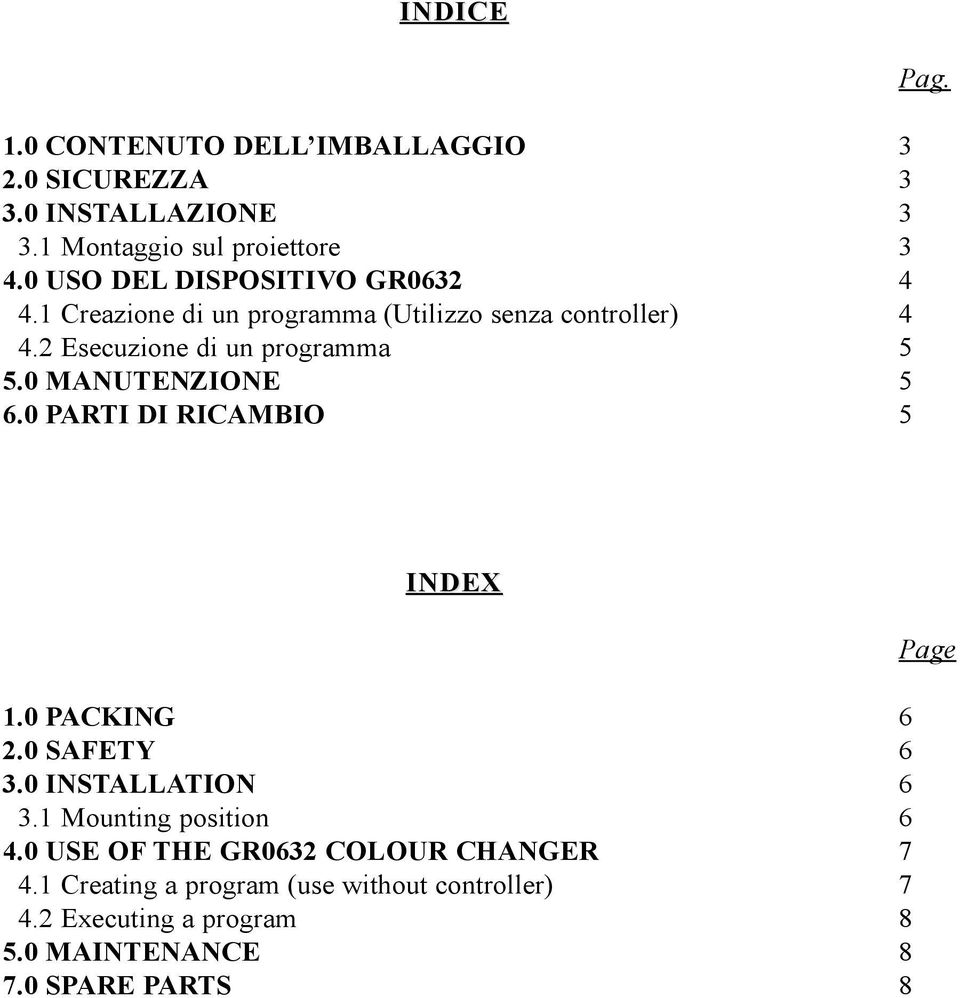 0 MANUTENZIONE 5 6.0 PARTI DI RICAMBIO 5 Pag. INDEX 1.0 PACKING 6 2.0 SAFETY 6 3.0 INSTALLATION 6 3.1 Mounting position 6 4.