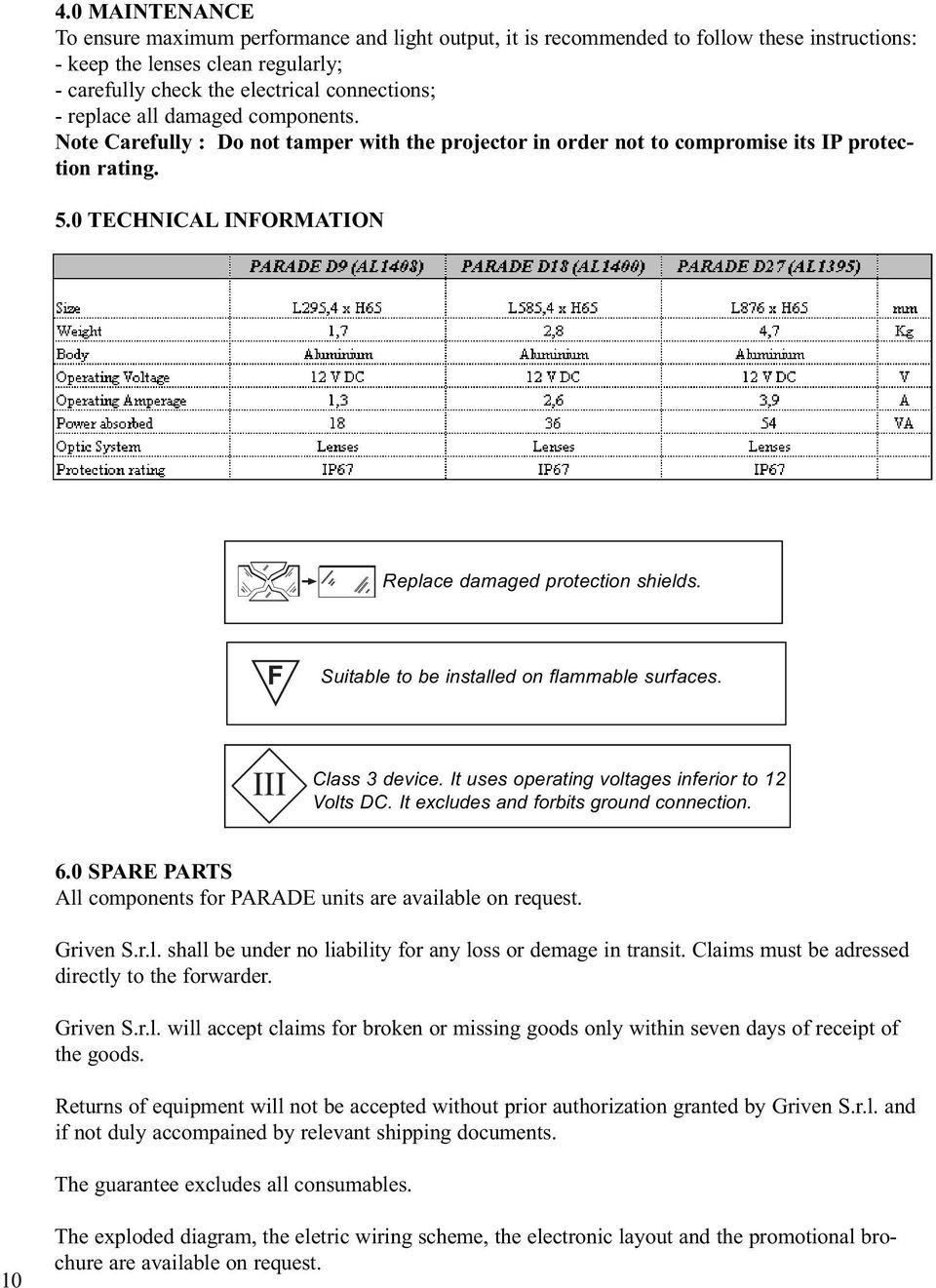 Suitable to be installed on flammable surfaces. III Class 3 device. It uses operating voltages inferior to 12 Volts DC. It excludes and forbits ground connection. 6.