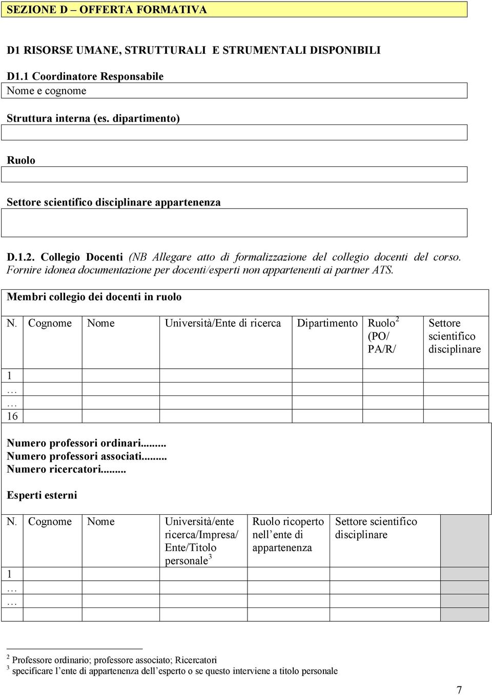 Fornire idonea documentazione per docenti/esperti non appartenenti ai partner ATS. Membri collegio dei docenti in ruolo N.