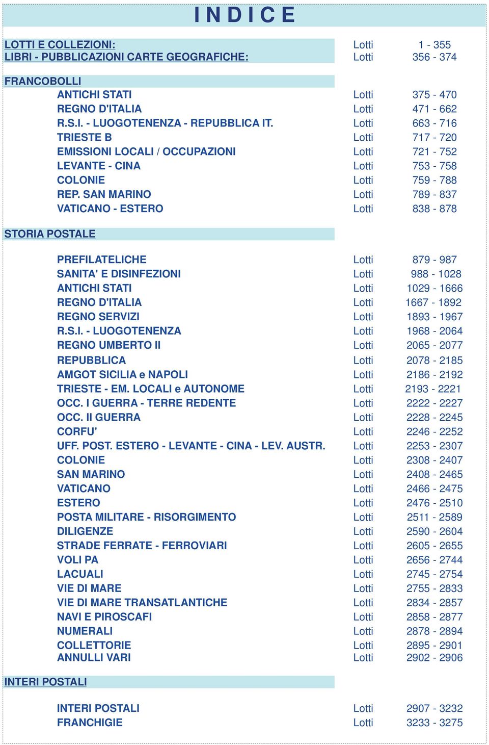 SAN MARINO VATICANO - ESTERO Lotti 1-355 Lotti 356-374 Lotti 375-470 Lotti 471-662 Lotti 663-716 Lotti 717-720 Lotti 721-752 Lotti 753-758 Lotti 759-788 Lotti 789-837 Lotti 838-878 STORIA POSTALE