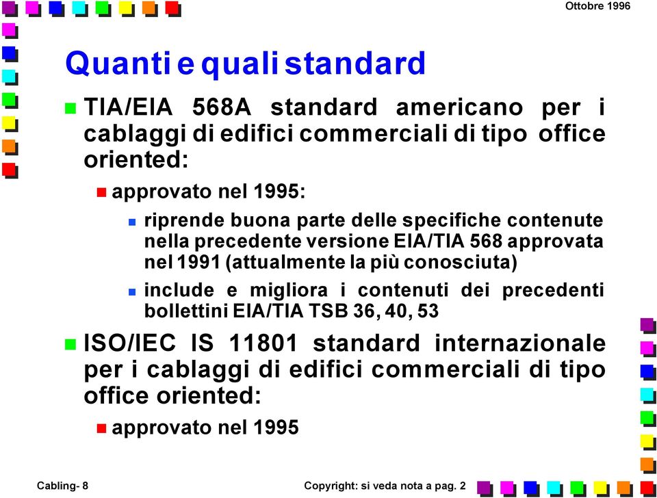 (attualmente la più conosciuta) include e migliora i contenuti dei precedenti bollettini EIA/TIA TSB 36, 40, 53 ISO/IEC IS 11801