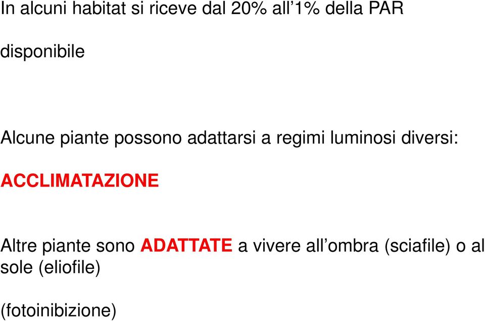 luminosi diversi: ACCLIMATAZIONE Altre piante sono