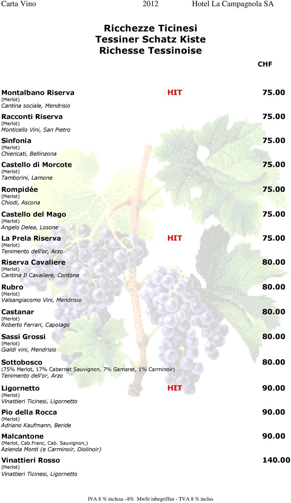 00 Tenimento dell or, Arzo Riserva Cavaliere 80.00 Cantina Il Cavaliere, Contone Rubro 80.00 Castanar 80.00 Sassi Grossi 80.00 Gialdi vini, Mendrisio Sottobosco 80.