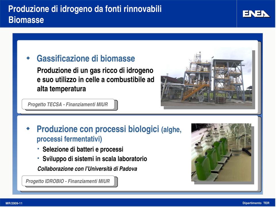 Produzione con processi biologici (alghe, processi fermentativi) Selezione di batteri e processi Sviluppo di