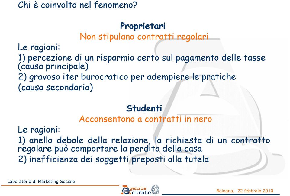 tasse (causa principale) 2) gravoso iter burocratico per adempiere le pratiche (causa secondaria) Studenti