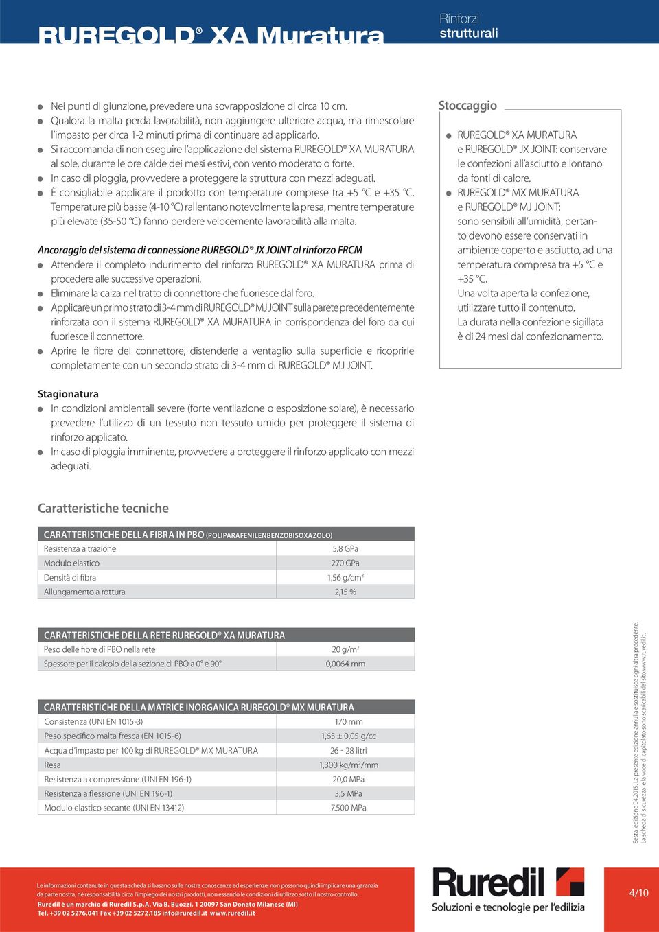 Si raccomanda di non eseguire l applicazione del sistema RUREGOLD XA MURATURA al sole, durante le ore calde dei mesi estivi, con vento moderato o forte.