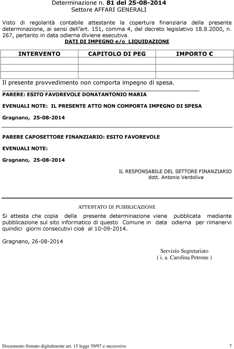 DATI DI IMPEGNO e/o LIQUIDAZIONE INTERVENTO CAPITOLO DI PEG IMPORTO Il presente provvedimento non comporta impegno di spesa.