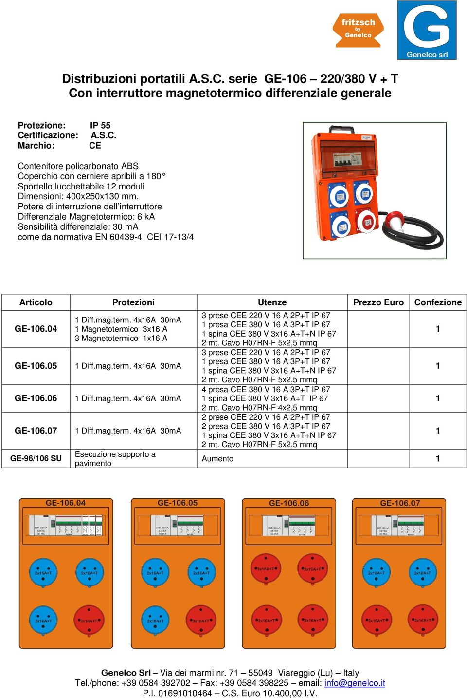 400x250x30 mm. Potere di interruzione dell interruttore Differenziale Magnetotermico: 6 ka Sensibilità differenziale: 30 ma come da normativa EN 60439-4 CEI 7-3/4 GE-06.04 GE-06.05 GE-06.06 GE-06.