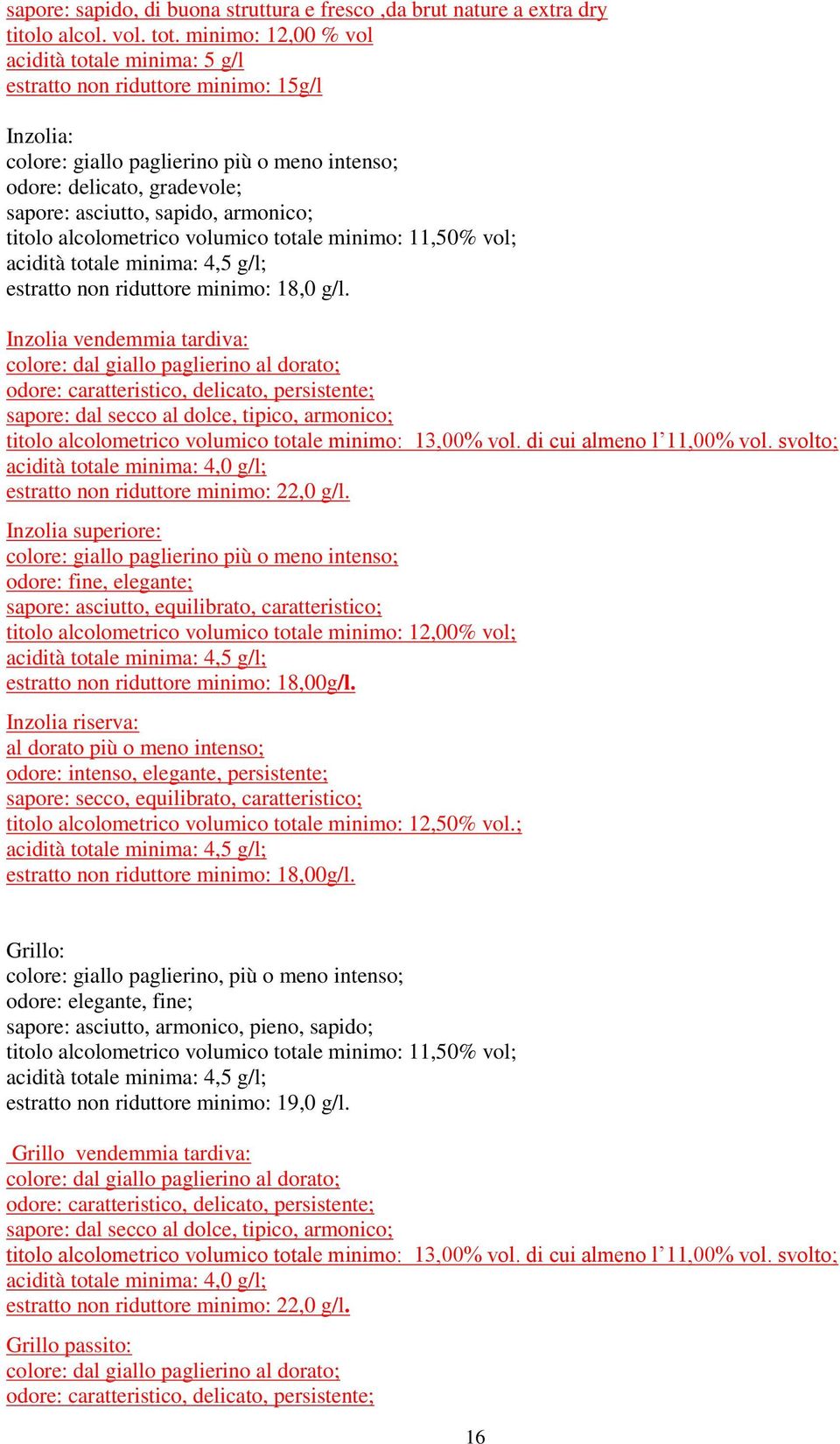 Inzolia vendemmia tardiva: colore: dal giallo paglierino al dorato; sapore: dal secco al dolce, tipico, armonico; titolo alcolometrico volumico totale minimo: 13,00% vol. di cui almeno l 11,00% vol.