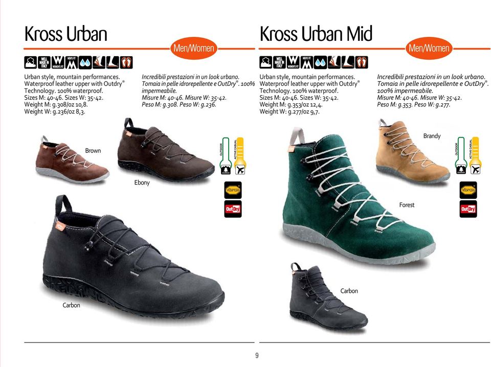 Waterproof leather upper with Outdry Technology. 100% waterproof. Sizes M: 40-46. Sizes W: 35-42. Weight M: g.353/oz 12,4. Weight W: g.277/oz 9,7. Incredibili prestazioni in un look urbano.