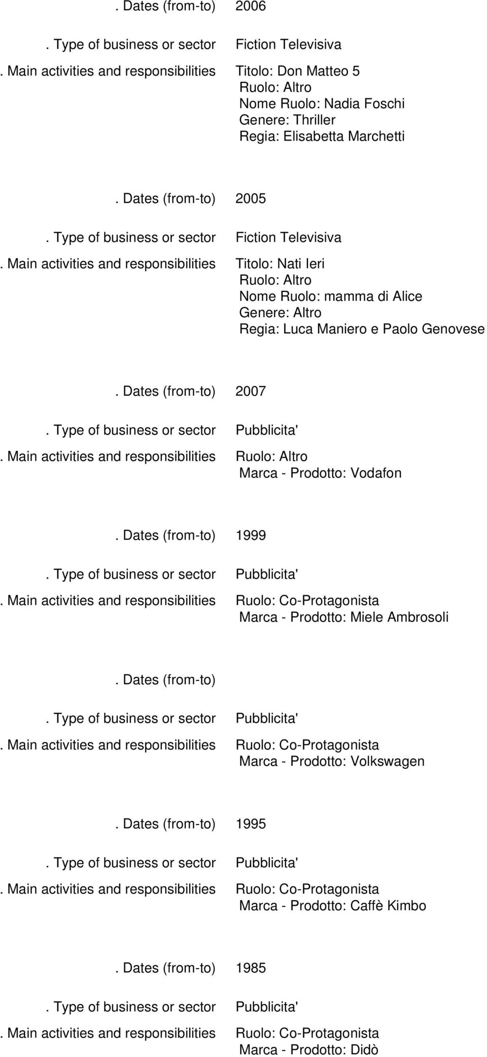 Genovese 2007 Pubblicita' Ruolo: Marca - Prodotto: Vodafon 1999 Pubblicita' Marca - Prodotto: Miele Ambrosoli