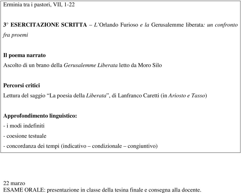 Liberata, di Lanfranco Caretti (in Ariosto e Tasso) Approfondimento linguistico: - i modi indefiniti - coesione testuale -