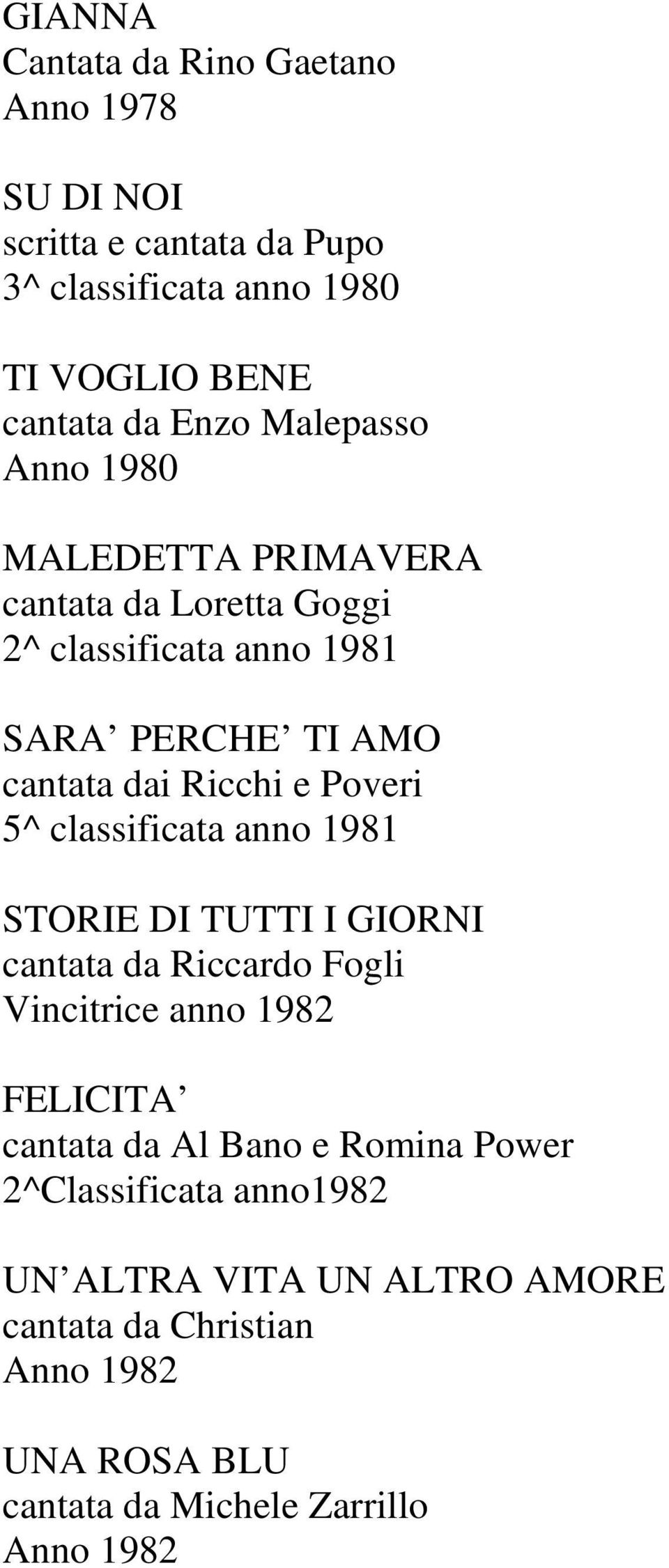 Poveri 5^ classificata anno 1981 STORIE DI TUTTI I GIORNI cantata da Riccardo Fogli Vincitrice anno 1982 FELICITA cantata da Al Bano e