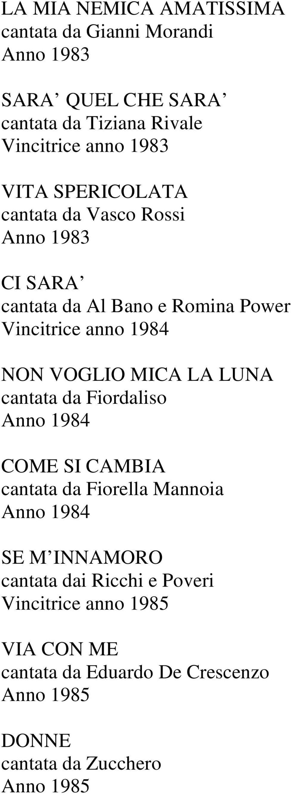VOGLIO MICA LA LUNA cantata da Fiordaliso Anno 1984 COME SI CAMBIA cantata da Fiorella Mannoia Anno 1984 SE M INNAMORO