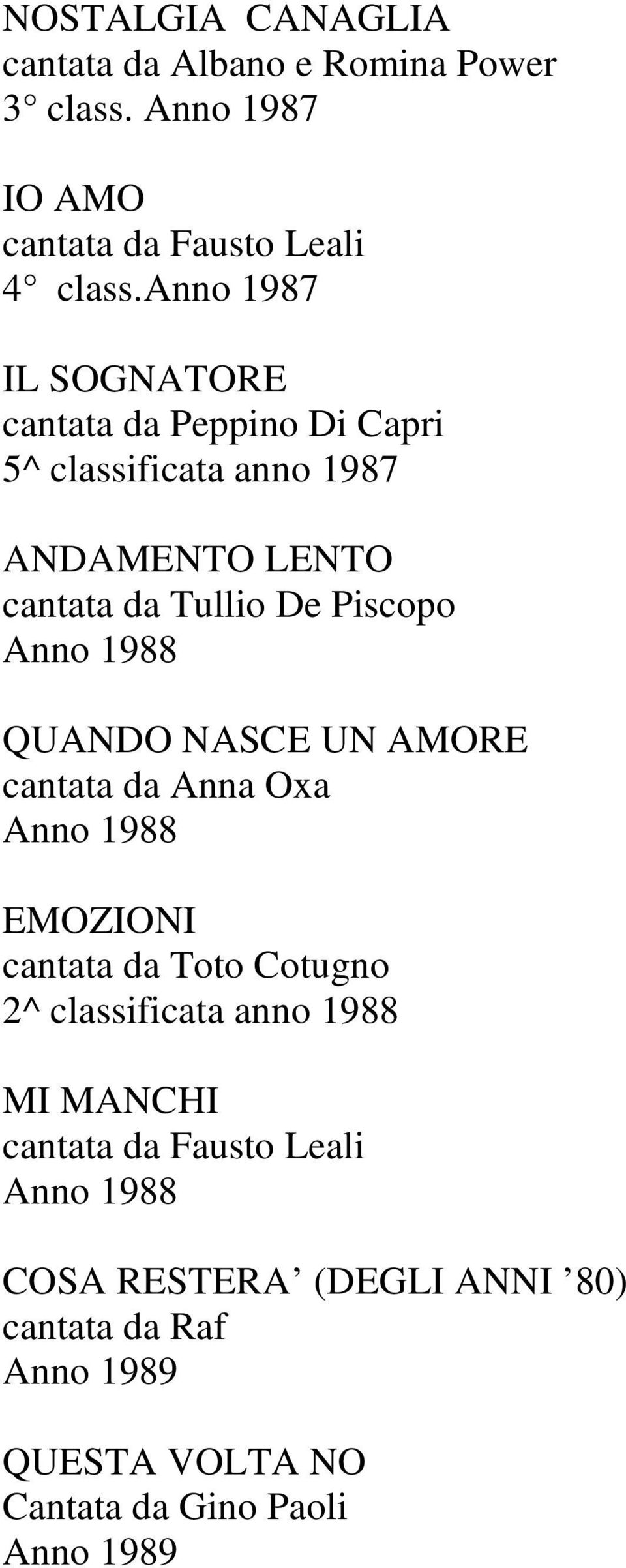 Anno 1988 QUANDO NASCE UN AMORE cantata da Anna Oxa Anno 1988 EMOZIONI cantata da Toto Cotugno 2^ classificata anno 1988 MI