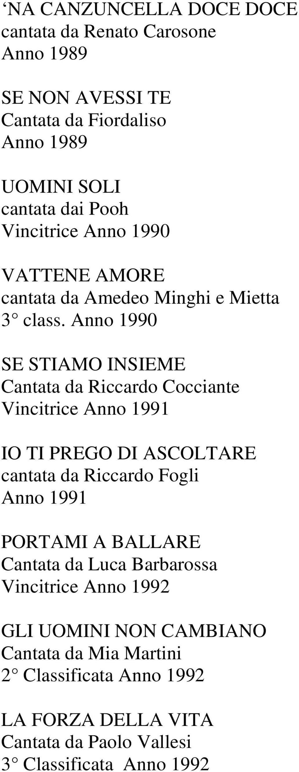 Anno 1990 SE STIAMO INSIEME Cantata da Riccardo Cocciante Vincitrice Anno 1991 IO TI PREGO DI ASCOLTARE cantata da Riccardo Fogli Anno 1991