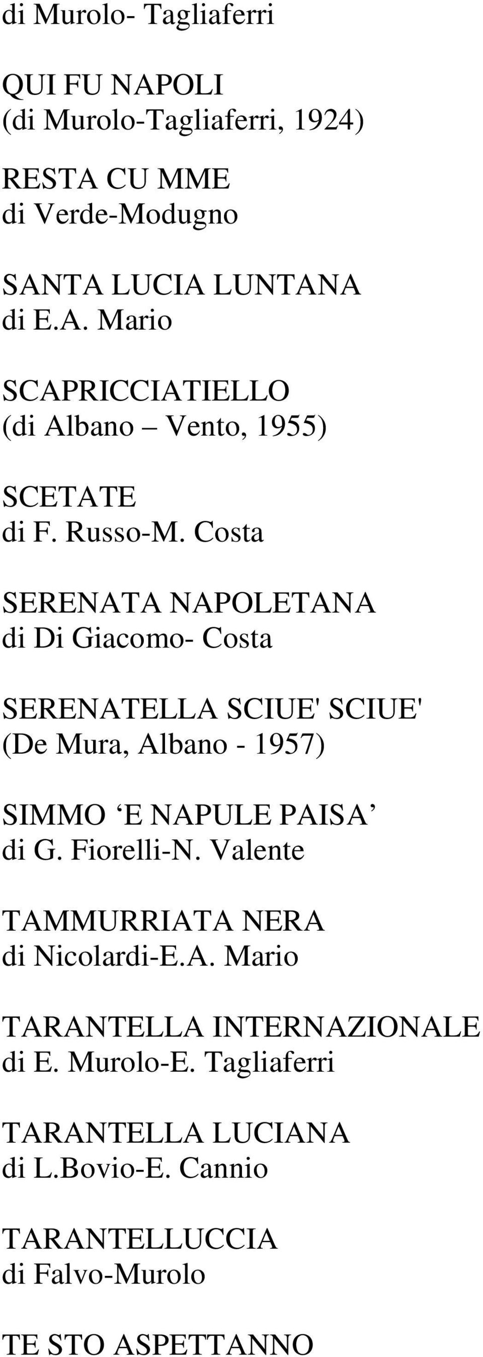 Costa SERENATA NAPOLETANA di Di Giacomo- Costa SERENATELLA SCIUE' SCIUE' (De Mura, Albano - 1957) SIMMO E NAPULE PAISA di G.
